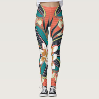 Plumeria Fleurs Bleu Beige Vert Couleurs Leggings