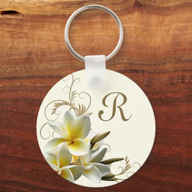 Plumeria Flourish Monogram Initial Keychain (Front)
