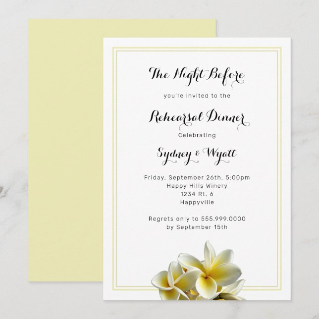 Plumeria Flower Yellow Rehearsal Dinner Invitation (Front/Back)