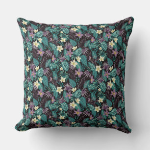 Plumeria Flowers Emerald Green Tropical Leaves Throw Pillow