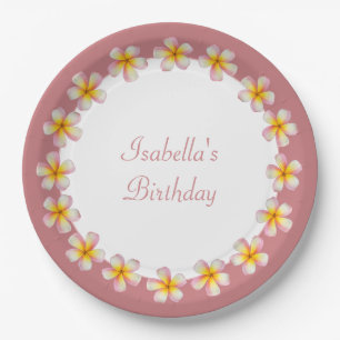 Plumeria Flowers on Rose Gold Birthday Paper Plate