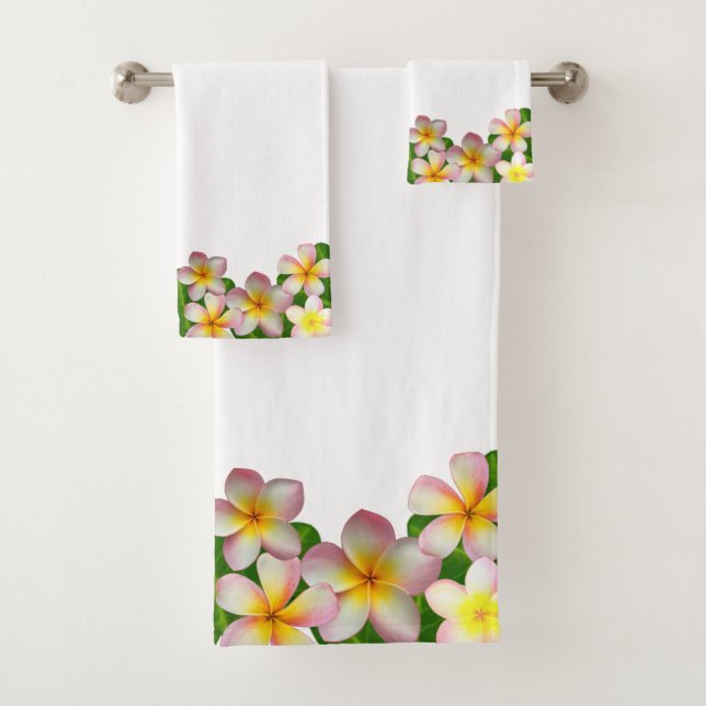 Plumeria Flowers on White Bath Towel Set (Insitu)