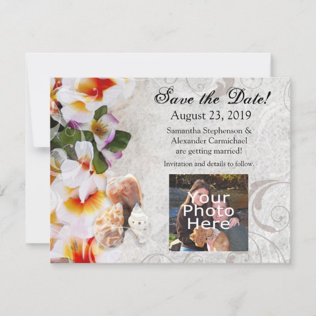 Plumeria Orchid Lei in Sand Photo Save the Date (Front)