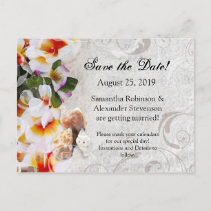 Plumeria Orchid Lei Sand Beach Save the Date Card
