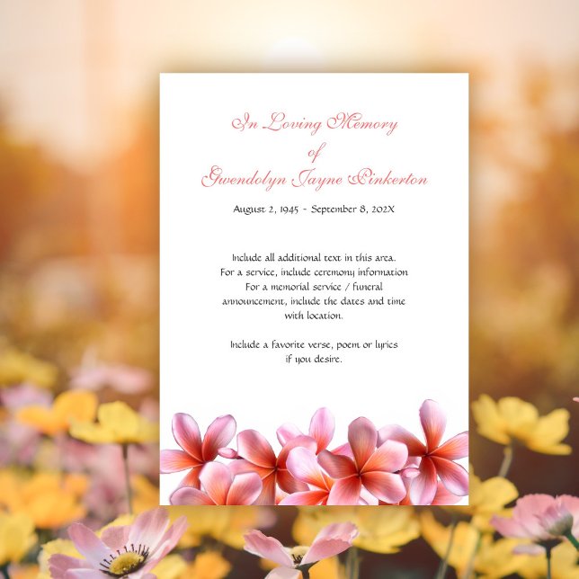 Plumeria Pink Floral Memorial Funeral Service Card (Creator Uploaded)