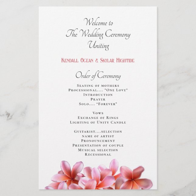 Plumeria rose Fleurs Programme de mariage plat (Devant)