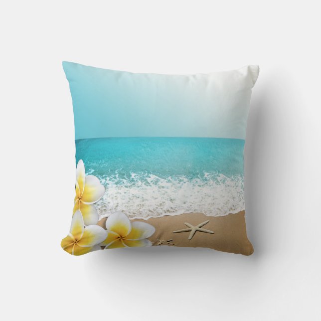 Plumeria Starfish Beach Tropical Hawaii Throw Pillow (Front)