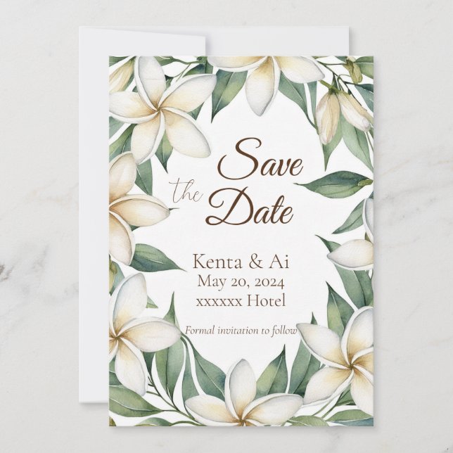 Plumeria Wedding Save the Date Card (Front)