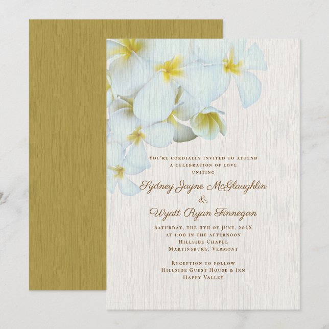 Plumeria Wood Rustic Hawaiian Flowers Wedding Invitation (Front/Back)