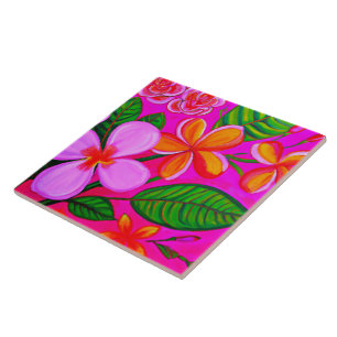 Plumerias on Pink Tile