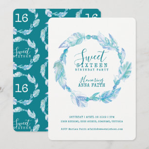 Plumes aqua sweet sixteen d'aquarelle invitations