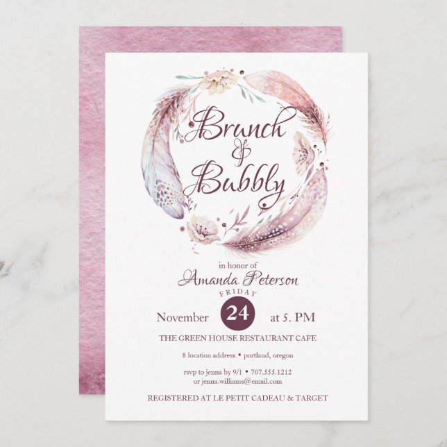 Plumes de Bohème Brunch Bubbly Invitation (Devant / Derrière)