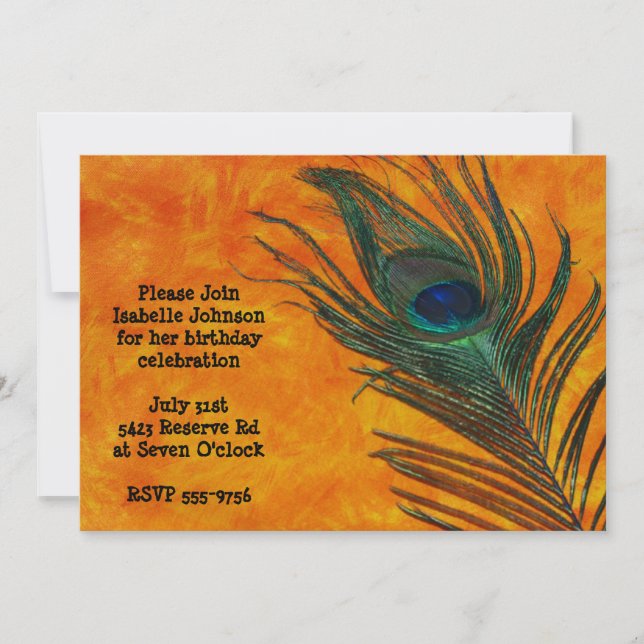Plumes de paon avec invitation à l'anniversaire d' (Devant)
