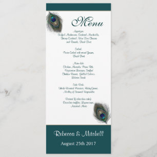 Plumes de paon bleu vert Menu Invitation