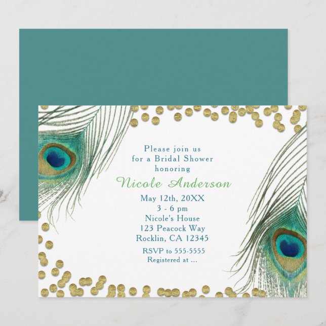 Plumes de paon et points d'or Boho Glam Invitation (Devant / Derrière)