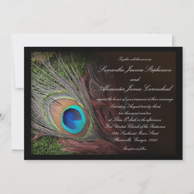 Plumes de paon noir avec invitation de mariage de  (Devant)