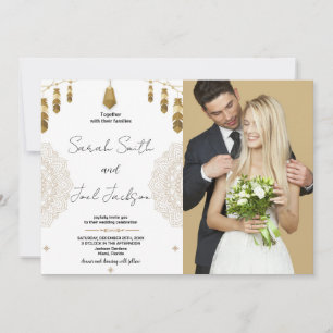 Plumes d'or et mariage d'art Invitations avec phot