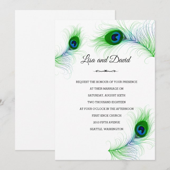 Plumes faire-part de mariage-Peacock (Devant / Derrière)