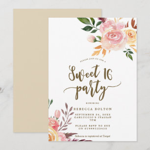 plumes florales boho Sweet 16 invitation