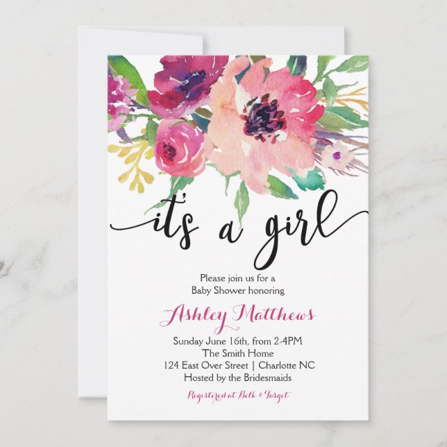 Plumes florales Invitation Baby shower floral (Devant)