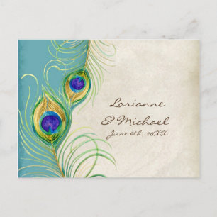 Plumes Peacock Aqua Damask Carte de réponse RSVP