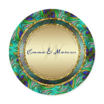 Plumes Peacock Or Mariage rond Cartes de menu