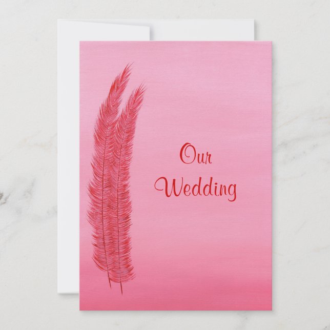 Plumes roses rouges, nos invitations de mariage (Devant)