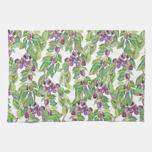 Plums watercolor pattern kitchen towel (Horizontal)