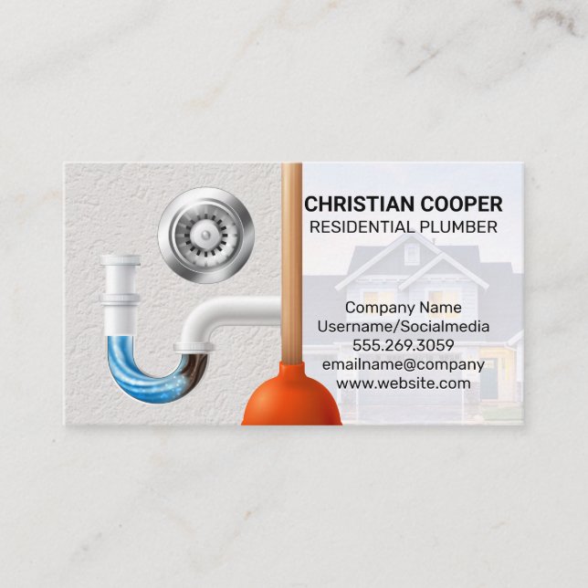Plunger and Drain | Clogged Pipes Business Card (Front)