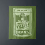 Plunger coffee pop art food packaging illustration tapestry<br><div class="desc">A pop art illustration which has a green sachet full of plunger coffee. Design for coffee lovers. Is part of my pop art food collection. The coffee packet is green and has customizable text.</div>