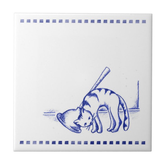 Plunger Rubbing Kitty Cat Bathroom Toile Look Tile (Front)