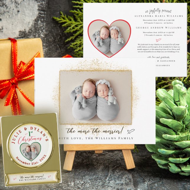 Plus Le Merrier Twins Holiday Faire-part de naissa (The More The Merrier Twins Holiday Birth Announcement Gold Plated Christmas Ornament New Family Gift)