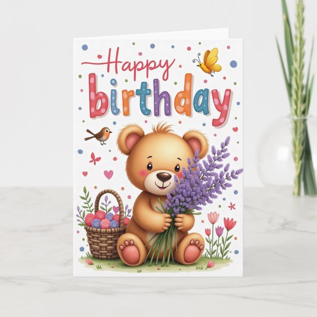 Plush Bear Lavender Birthday Card (Front)