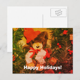 Plush Bear On Wreath Christmas Holiday Postcard