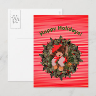 Plush Bear Wreath Christmas Holiday Postcard