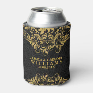Plush Black Damasks & Vintage Gold Glitter Lace Can Cooler