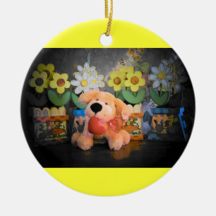 Plush Dog / cat and flowers Ceramic Ornament