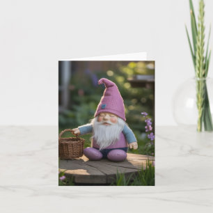 Plush Gnome Figurine with Woven Basket in Summer Holiday Card