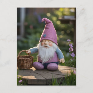 Plush Gnome Figurine with Woven Basket in Summer  Holiday Postcard