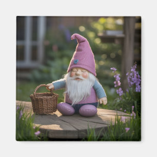 Plush Gnome Figurine with Woven Basket in Summer Magnet