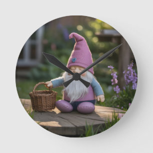 Plush Gnome Figurine with Woven Basket in Summer Round Clock