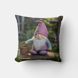 Plush Gnome Figurine with Woven Basket in Summer  Throw Pillow