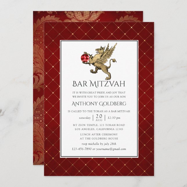 Plush Red and Gold Damask and Lattice Bar Mitzvah Invitation (Front/Back)