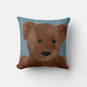 Plush Teddy Bear with Blue Striped Background Throw Pillow