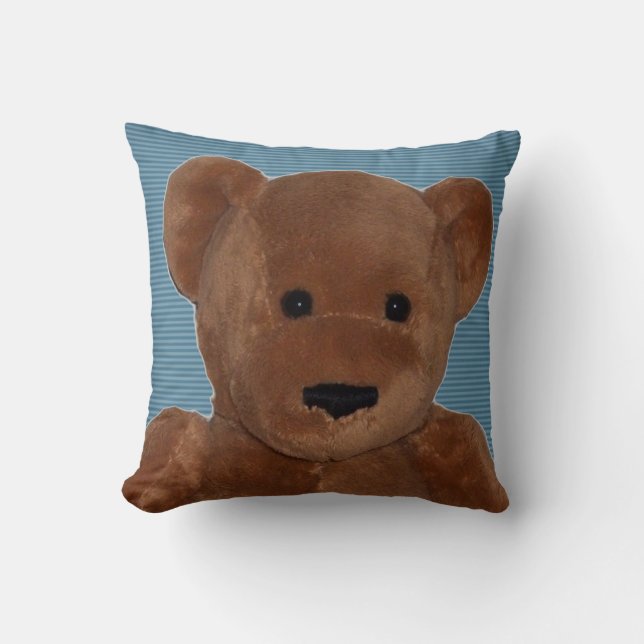 Plush Teddy Bear with Blue Striped Background Throw Pillow (Front)