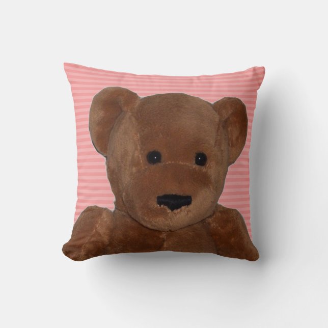 Plush Teddy Bear with Pink Striped Background Throw Pillow (Front)