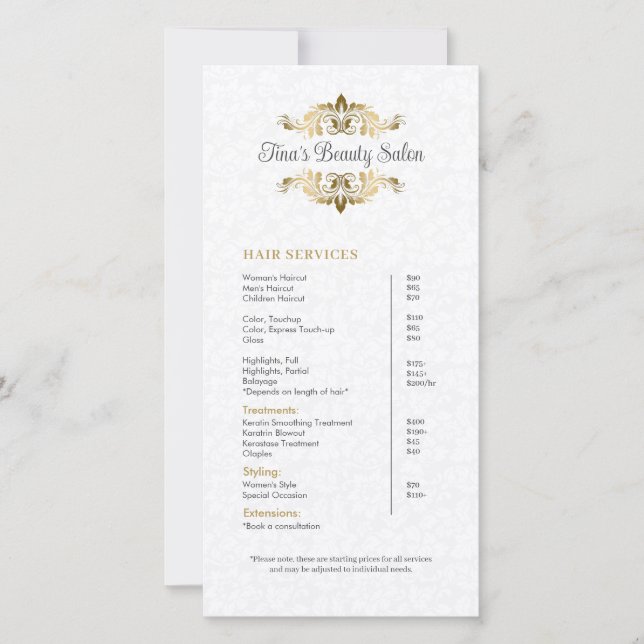 Plush White Damask Gold Frame Price List (Front)