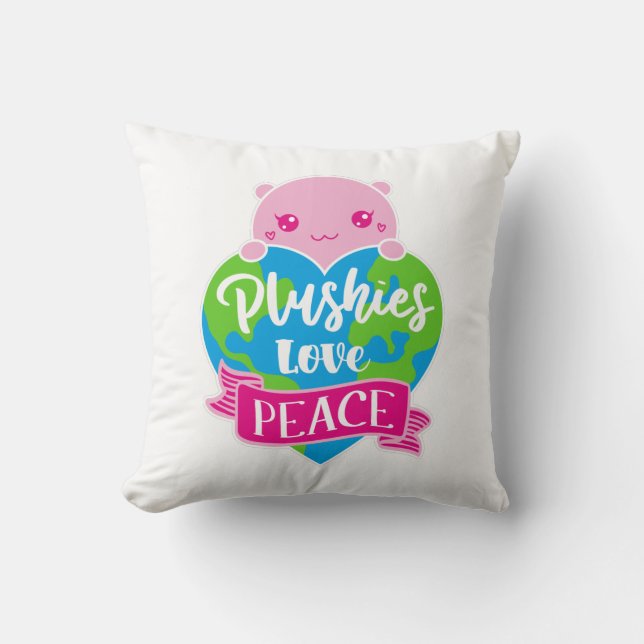 Plushies Love Peace | Cute Kawaii Heart Earth Throw Pillow (Front)
