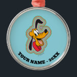 Pluto Retro Radiant Pop Art Metal Ornament<br><div class="desc">Add a burst of energy and color to your world with this vibrant, multi-layered graphic! Featuring a joyful Pluto surrounded by a mesmerizing rainbow of radiating outlines, this design perfectly blends classic animation charm with a bold, 70s-inspired psychedelic aesthetic. The concentric rings of electric blue, bright pink, sunny yellow, and...</div>