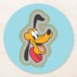 Pluto Retro Radiant Pop Art Round Paper Coaster<br><div class="desc">Add a burst of energy and color to your world with this vibrant, multi-layered graphic! Featuring a joyful Pluto surrounded by a mesmerizing rainbow of radiating outlines, this design perfectly blends classic animation charm with a bold, 70s-inspired psychedelic aesthetic. The concentric rings of electric blue, bright pink, sunny yellow, and...</div>